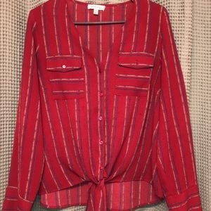 Red Long Sleeve Button Up Tie Front Blouse with Pin Stripes